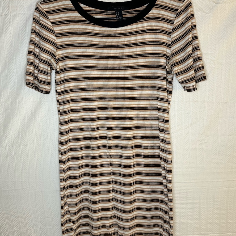 Forever 21 Black, Beige & Brown Striped Ribbed Mini Dress